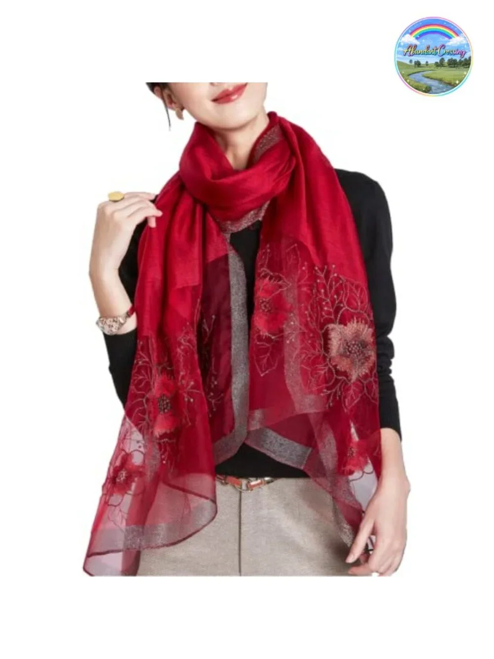 Women Embroidered Silk Blend Scarf Shawl Wrap Large 75x28 Inch Fashion Stole